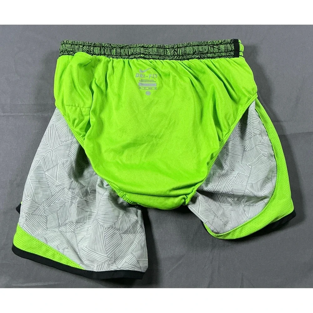Nike Womens Dri-FIT Tempo Running Shorts Neon Green Black Geometric XS